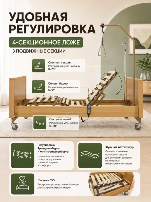 Med-Mos Кровать медицинская функциональная электрическая, 4 секции, бежевый, фото 2