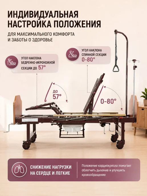 Кровать медицинская с функциями кардиокресла и переворота, коричневый, фото 3