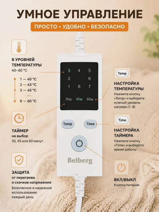 Belberg Электрогрелка для тела 43х43 см, электрическая грелка, 43x43 см, фото 2