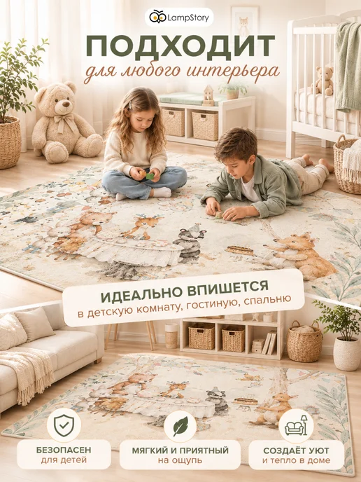 LampStory Коврик детский с ворсом на пол в детскую с принтом, бежевый, фото 3
