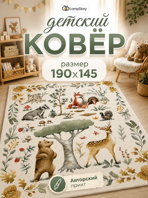LampStory Палас с ворсом детский комнатный на пол лесные животные, бежевый