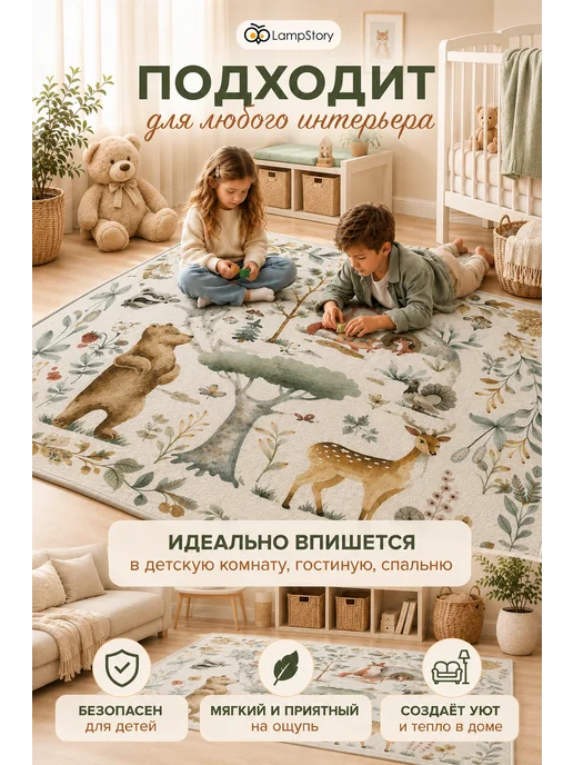LampStory Палас с ворсом детский комнатный на пол лесные животные, бежевый, фото 4