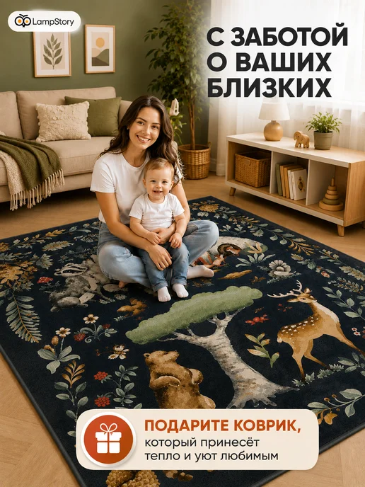 LampStory Ковер детский с ворсом на пол с принтом животные, черный, фото 2