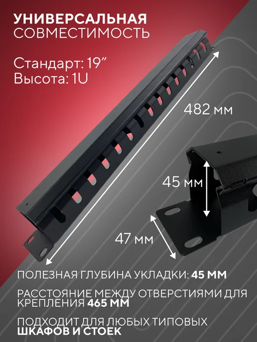 Панель-органайзер 19" 1U типа "Гребенка", черный, фото 2