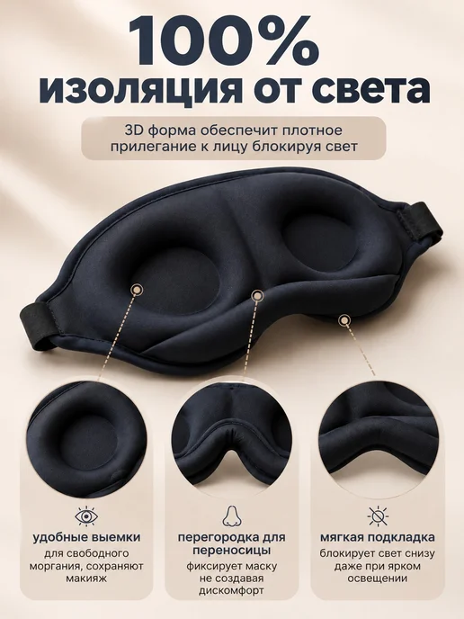 Маска для сна черная 3D с эффектом памяти, черный, фото 2