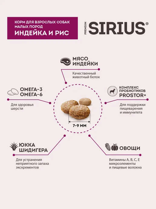 Сухой корм SIRIUS Маленьких для собак, индейка, 12 кг, фото 5