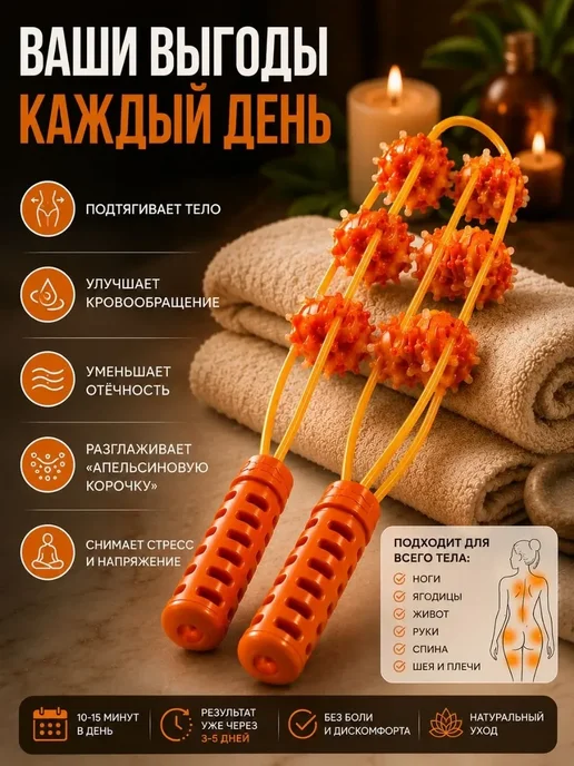 ANVILU Массажный ролик для тела антицеллюлитный ручной, оранжевый, фото 5