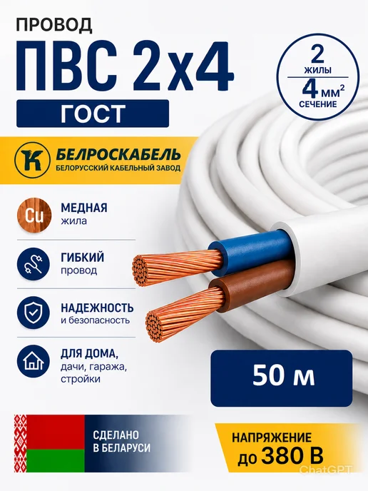 БелРос кабель Провод электрический ПВС 2х4 ГОСТ, 50м, 2x4, 50 м