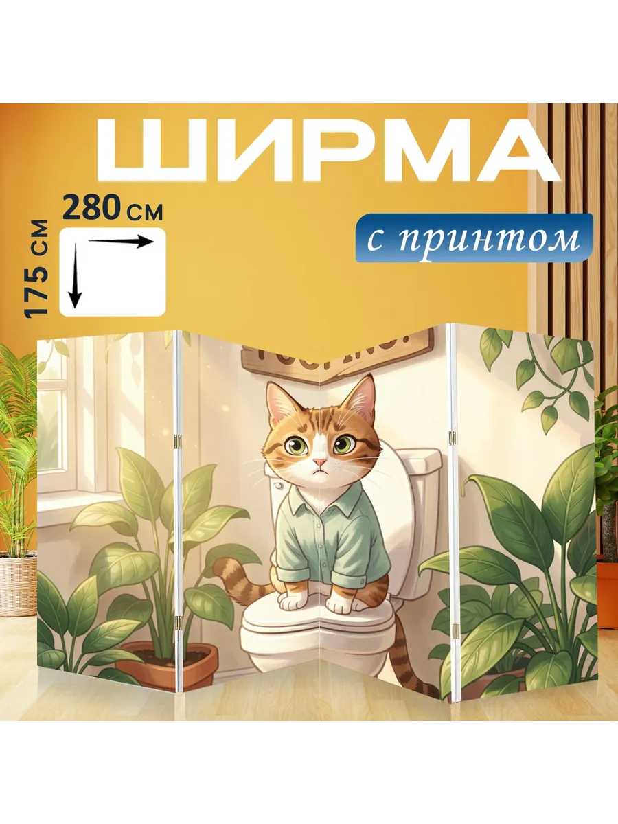 Ширма "Рыжий кот на унитазе. Забавный..." 280x175см.