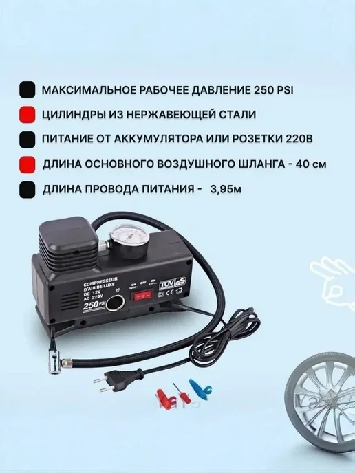Компрессор автомобильный насос электрический 220в и 12v, вариант, фото 3