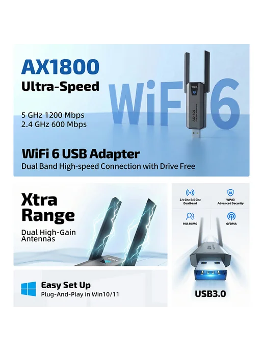 USB 3.0 Wi-Fi адаптер 1800М для компьютера, 1800 м, фото 2