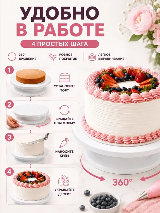 Д99 Подставка для торта вращающаяся 28 см поворотная, белый, фото 3