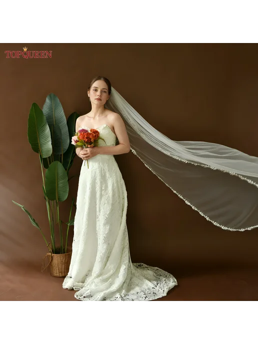 TOPQUEEN Фата свадебная V129 с кружевными краями, Вуаль свад, 3 м, фото 5