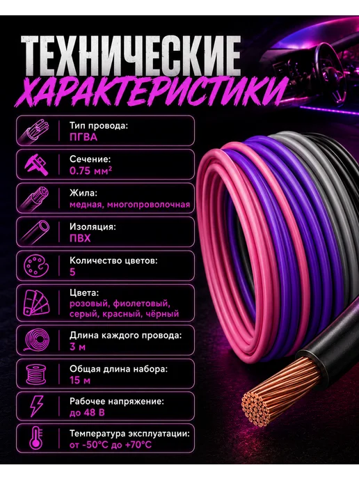 Nanosounds Провод автомобильный пгва 0.5 мм² набор 7 шт по 10 метров, 5 шт, фото 4
