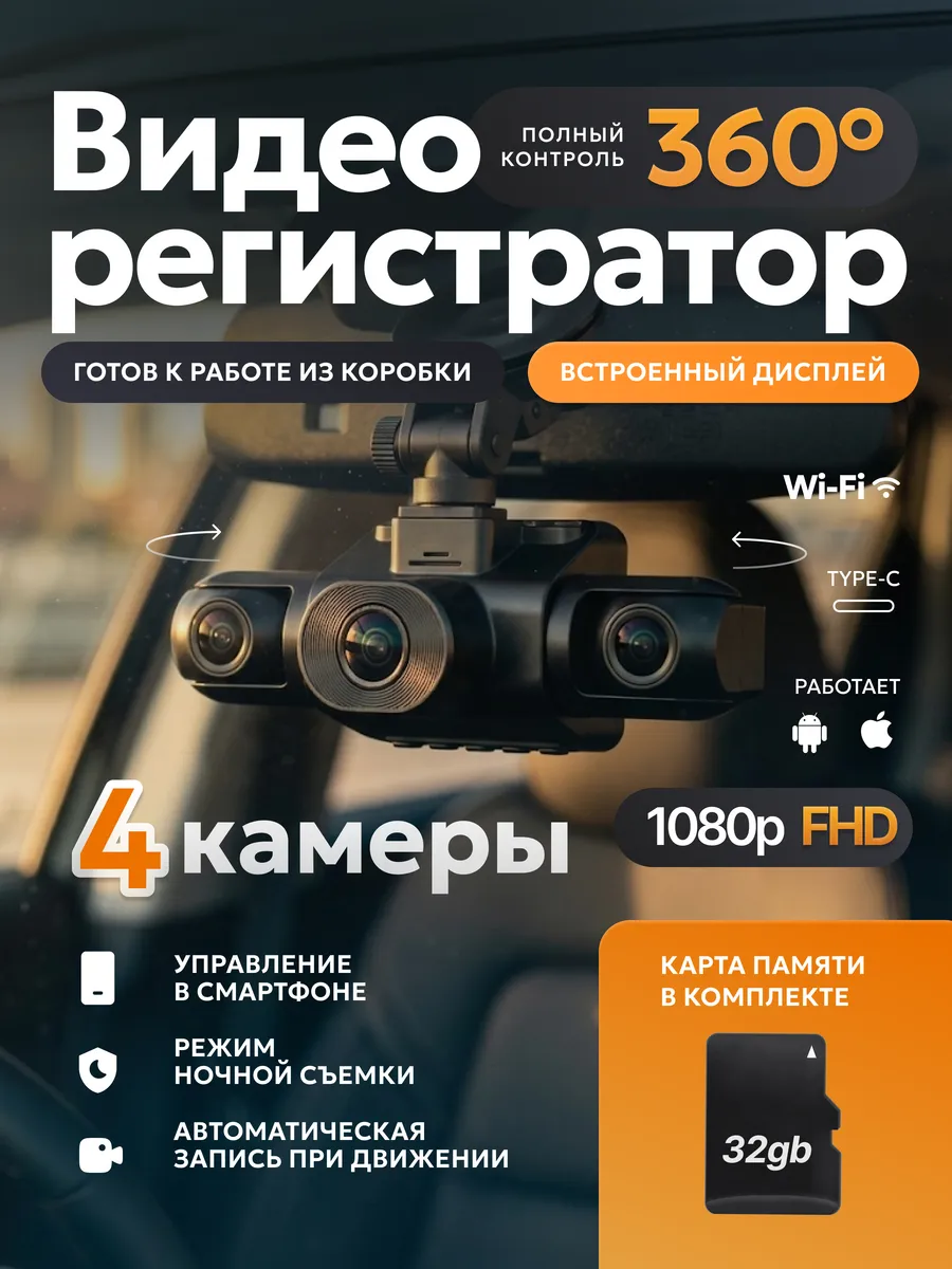 Видеорегистратор 360° для авто Wi-Fi 4 камеры Full HD