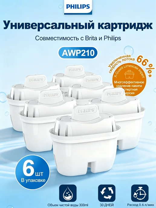 PHILIPS Фильтр для воды Брита и Филипс Универсальный, 2 шт, 6 шт