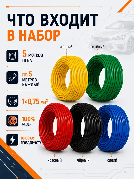 ГЛОБАЛКАБЕЛЬ GLOBALCABLE Провод автомобильный ПГВА 0,75 мм² набор 5 шт по 5 метров, 5 шт, 5 м, фото 3