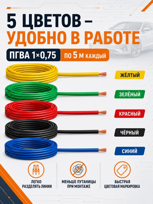 ГЛОБАЛКАБЕЛЬ GLOBALCABLE Провод автомобильный ПГВА 0,75 мм² набор 5 шт по 5 метров, 5 шт, 5 м, фото 7