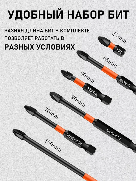 Биты для шуруповерта магнитные крестовые S2 сталь набор 6 шт, 6 шт, фото 3