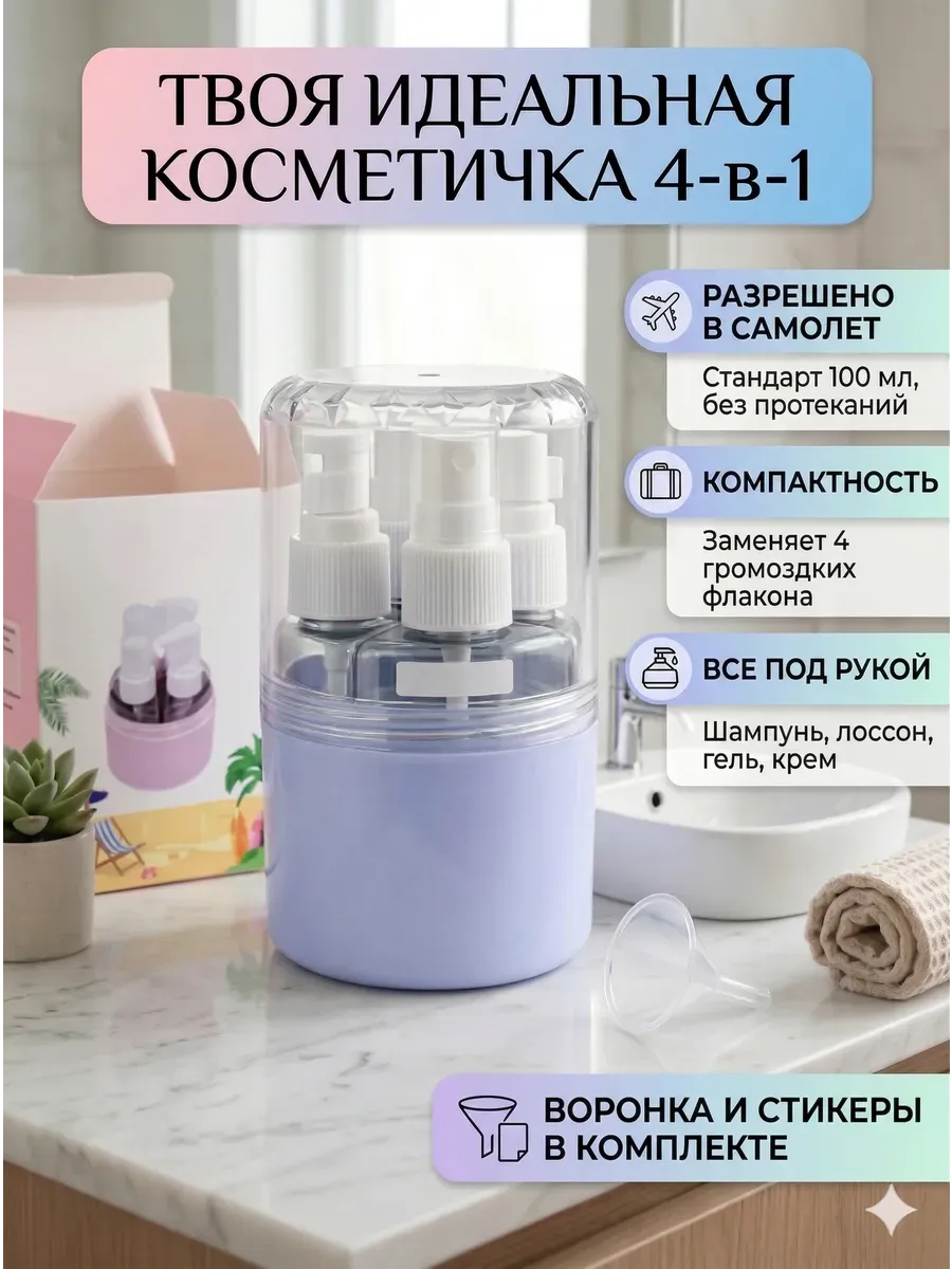 Дорожный набор флаконов для путешествий в самолет 4 в 1