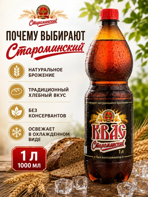 эм-1 Квас Староминский Традиционный хлебный 1 литр, вариант, фото 5