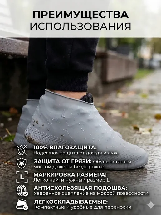 мулан Дождевик для обуви, бахилы от дождя, многоразовые чехлы, серый, фото 2