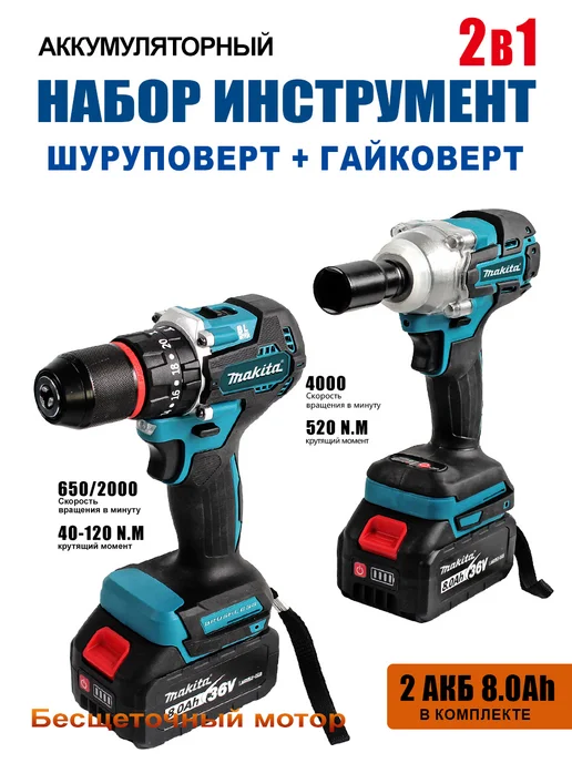 Гайковерт шуруповерт набор 2 в 1 бесщеточный аккумуляторный, синий