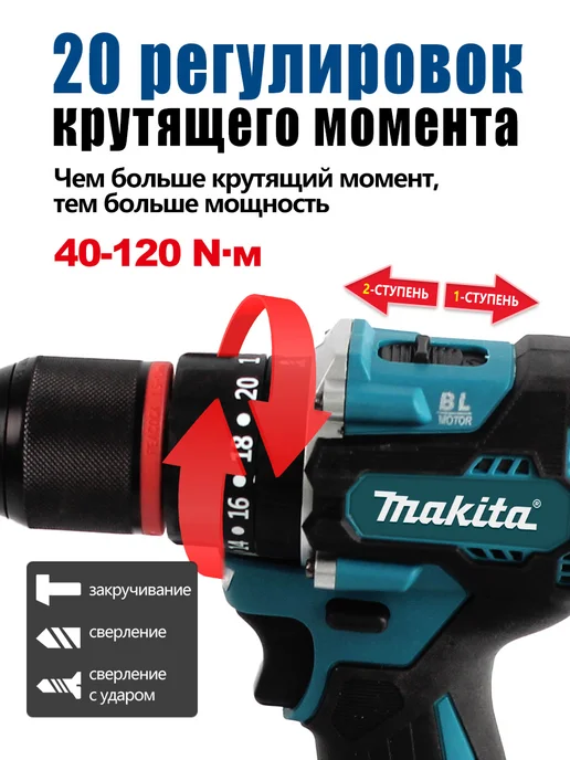 Гайковерт шуруповерт набор 2 в 1 бесщеточный аккумуляторный, синий, фото 4
