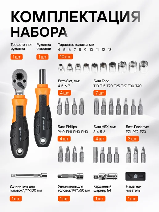 AIRLINE Набор бит и головок 38пр МП-серия ATCA019m, вариант, фото 2