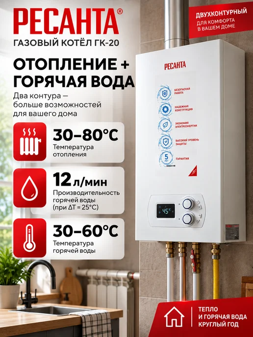 РЕСАНТА Газовый Котел Двухконтурный ГК-20, вариант, фото 2