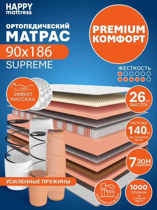 HAPPY MATTRESS Матрас HAPPY SUPREME 90х186 см пружинный ортопедический, 90x186 см