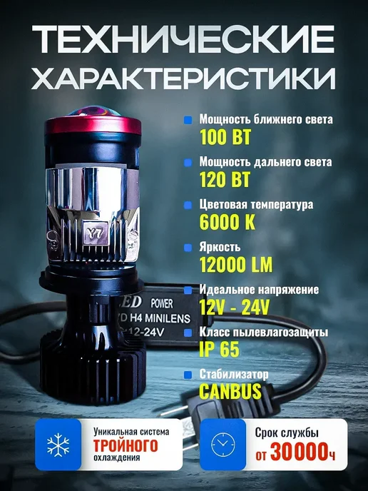Лед лампы h4 Y7D V3.0 автомобильные с линзой bi-led, вариант, фото 6