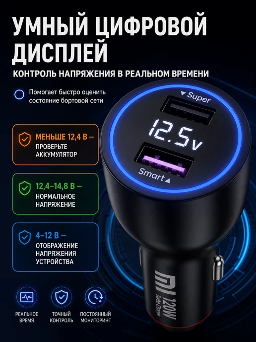 Автомобильная зарядка 120W с кабелем 6A, 120 Вт, фото 4