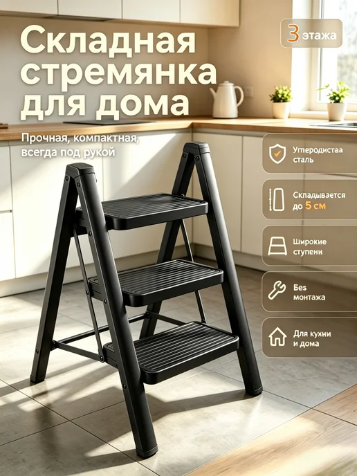 Стремянка стальная 3 ступени, черный