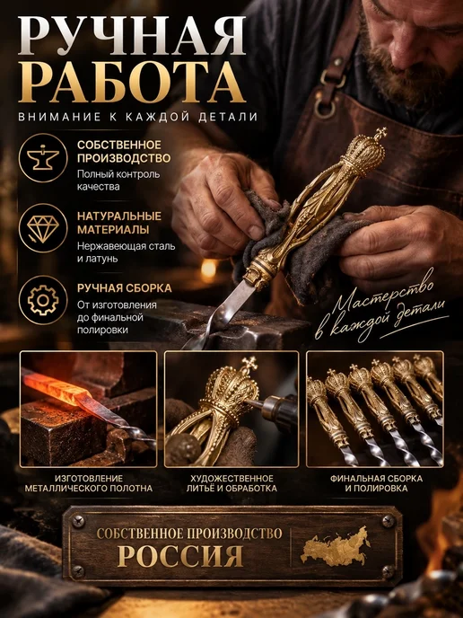 Мастерская СТЕШОВЫХ Шампуры для шашлыка с ручкой из латуни "Корона" 6 штук, 6 шт, фото 5
