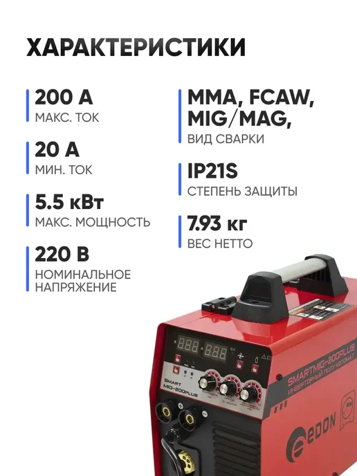Edon Сварочный полуавтомат Smart MIG-200PLUS, красный, фото 2