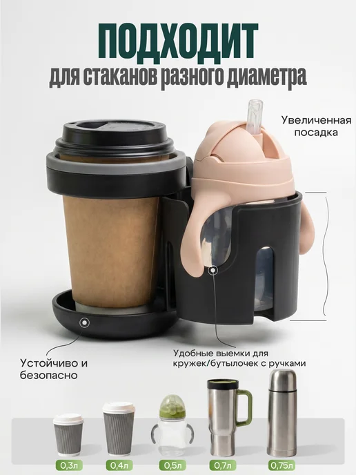 ПУНА Подстаканник для коляски и велосипеда универсальный 2 в 1, черный, фото 5