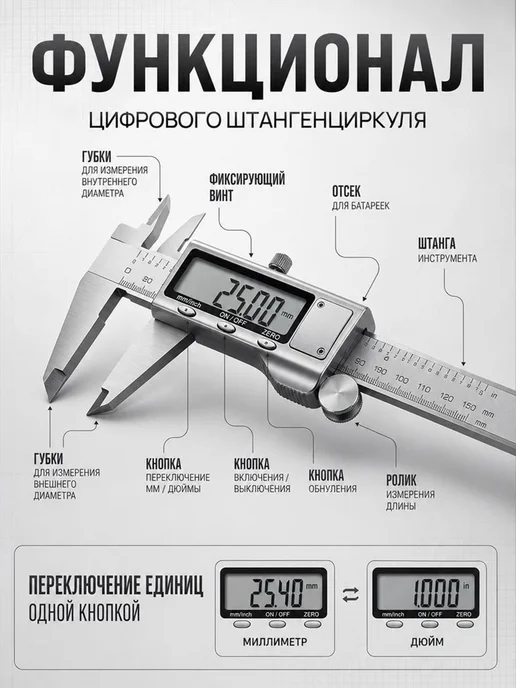 Штангенциркуль электронный металлический до 150мм, вариант, фото 3