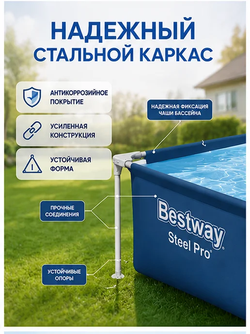 Bestway Бассейн каркасный 56401 прямоугольный, синий, фото 2