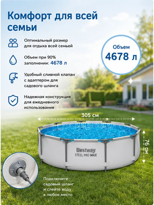 Bestway Каркасный бассейн круглый 305х76 см, с фильтр-насосом 56408, белый, фото 4