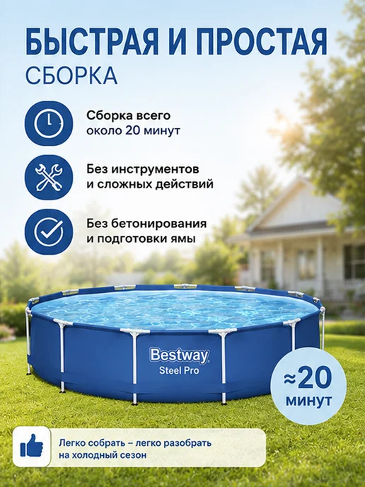 Bestway Бассейн каркасный 56706 круглый, синий, фото 4