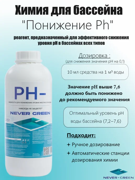 NeverGreen PH -, 1л, жидкость для понижения уровня жесткости воды, 1 л