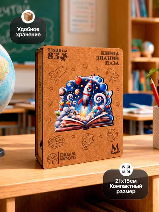 Dream Woods Фигурный деревянный пазл Книга Знаний, синий, фото 4