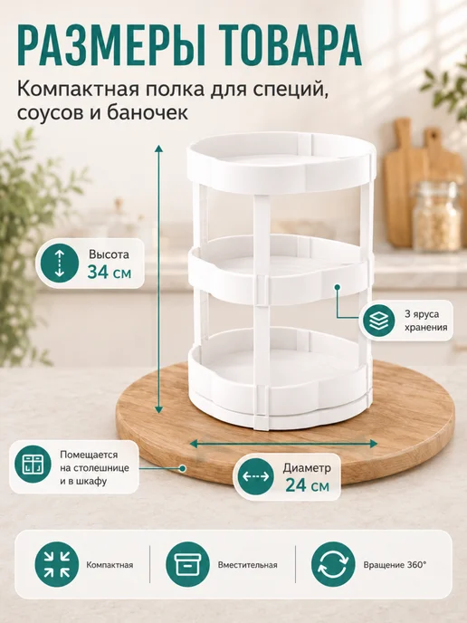Органайзер кухонный вращающийся трехъярусный, белый, фото 3
