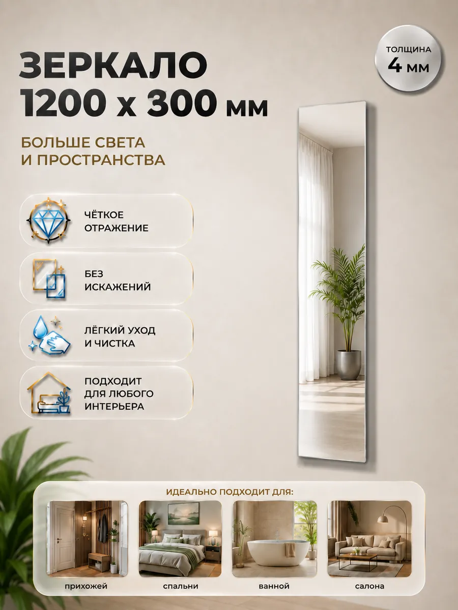 Зеркало 4мм 1200х300мм