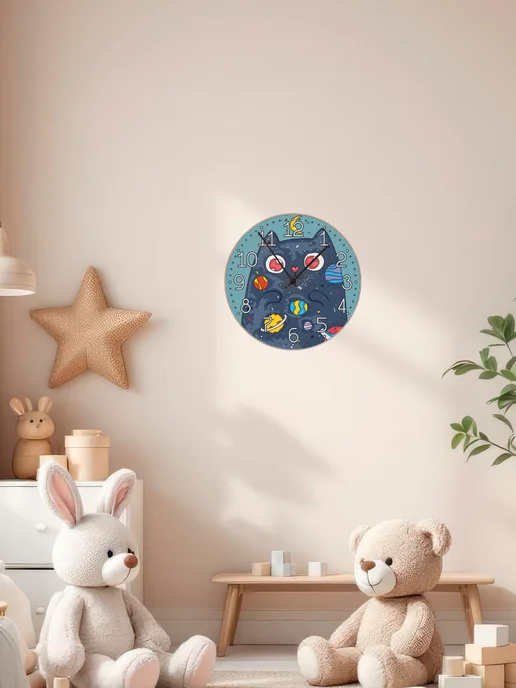 Пиксель Плэйс Часы Настенные Часы настенные детские космос кот, черный, фото 6