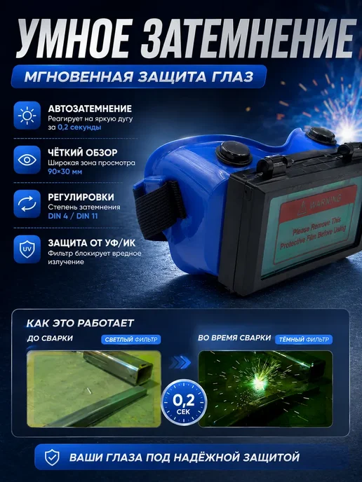 Улика2 Сварочные очки хамелеон защитные с затемнением, синий, фото 2