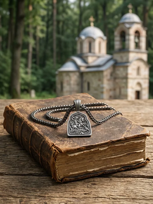 NEW COLLECTION №1 Цепь на шею с иконой Георгий Победоносец с молитвой освящена, серый, фото 2