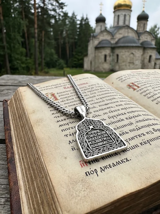 NEW COLLECTION №1 Цепь на шею с иконой Георгий Победоносец с молитвой освящена, серый, фото 3
