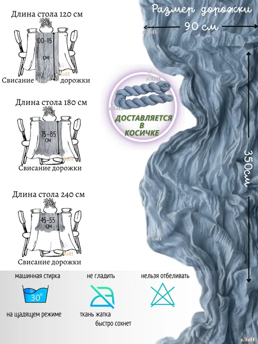 эЛэН Набор дорожка на стол тканевая и салфетки сервировка раннер, голубой, фото 5